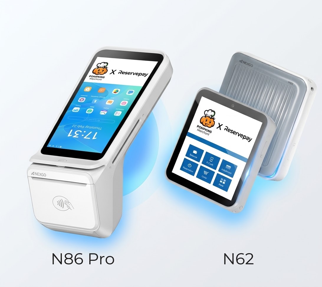เครื่องรับบัตรแบบแตะ 2 รุ่น: N86 Pro มีเครื่องพิมพ์สลิปในตัว และ N62 ขนาดกะทัดรัด แสดงโลโก้ POMPKINS Merchant × ReservePay บนหน้าจอ