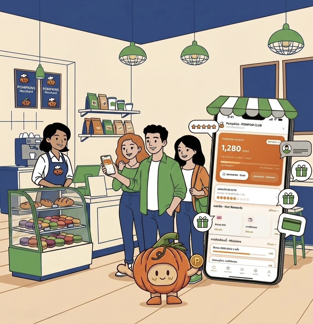 ลูกค้าในร้านกำลังสะสมแต้ม POMPOM CLUB ผ่าน LINE